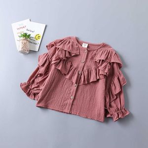 2-7 year high quality girl clothing autumn fashion kid children shirt clothes tiered ruched solid red white blouse 210615