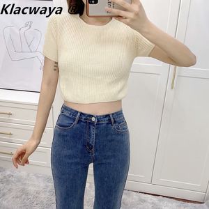 Za Frauen Sommer Zurück Riemen Crop Knit Top Kurzarm O Hals weniger Pullover Feminine Offene Casual Pullover 210521