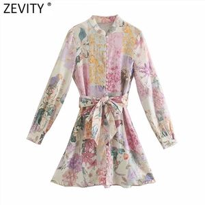 Kadınlar Zarif Pembe Çiçek Baskı Göğüslü Gömlek Kadın Uzun Kollu Yay Sashes Vestido Chic Bir Çizgi Mini Elbiseler DS8173 210416