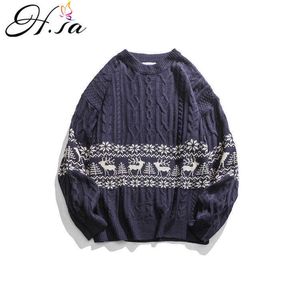 H.SA Women Vintage Sweater and Pullovers Oneck Reteo Vintage Christmas Sweaters Snowflake Deer Twisted Winter Pull Jumpers 210716