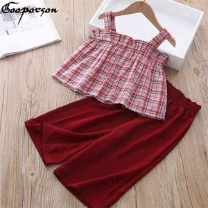 Summer Fashion Girls Ruffle Outfits Plaid Top&Wide Leg Pants Korean Toddler Kids Clothing Set Cute Little Girls Clothing Set 210715