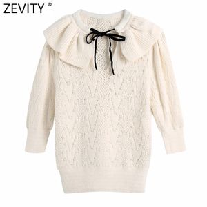 Women Sweet Black Bow Tied Ruffles Knitting Sweater Female Chic Pearl Beading Puff Sleeve Pullovers Hollow Tops S671 210416