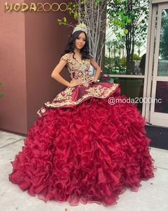 Burgundy Ruffles Puffy Skirt Quinceanera Dresses Luxury Gold Lace Beaded Lace-up Corset Evening Gown Vestidos de 15 años