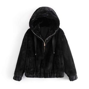 Cappotti di pelliccia sintetica nera delle donne di causale Giacche della chiusura lampo delle signore di modo Streetwear Cappotto esterno con cappuccio femminile di spessore Chic Girl Coat 210928