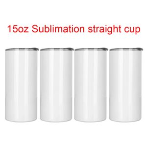 Creative 15oz Sublimation Straight Mug Tumblers With Lid Straw Blank DIY Stainless Steel Double Water Bottle Sea Delivery