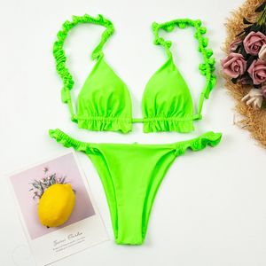 Verão de banho de banho Mulheres Bathers Ruffle Swimsuit Push Up Swimwear Biquini Néon Verde Sexy Biquini Swim 210520