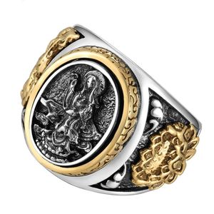 Klastrowe pierścionki Vintage Buddyzm Bogini 925 Srebrny smok męski pierścień złoto retro czarny szterling motocyklista biżuteria