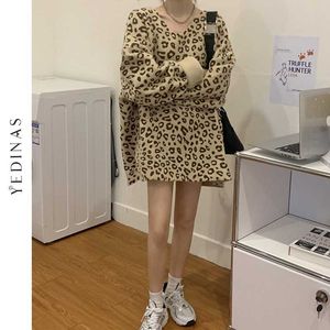 Yedinas Leopard Print Pullover Sexig V-Neck Long Sweater Kvinnor Oversize Batwing Sleeve Vinter Toppar För Kvinna Vintage Sweaters 210527