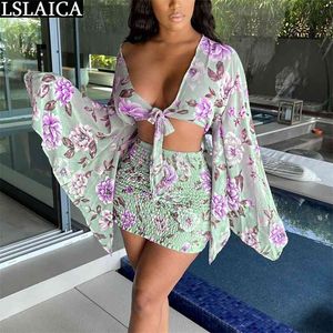 Kobiety Zestawy odzieżowe Summer Flare Rękaw Seksowna Moda Dwa kawałek Szyfonowy Kwiatowy Druku Wieczorowe Party Spódnica Party i Top Set Plus Size 210515