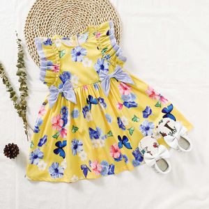 Vestido de flores de verão para crianças meninas adorável borboleta sundress ruffles manga roupas casuais a linha 210529