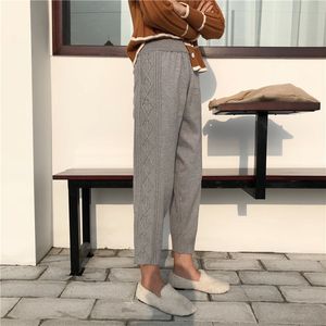 Straight Loose All Match Ankle-Length Casual Elastic Waist Solid Texture High Knitted Wide Leg Trousers 3 Types 210421