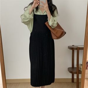 Korean Solid Elegant Folds Sweet Shirts+Dress Black Loose A-Line Dresses All Match Two Piece Sets 210525