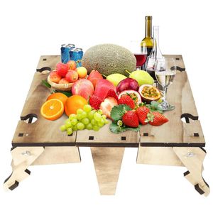 Flatware Sets 2-in-1 Folding Picnic Basket Table With Wine Glass Holder Portable Convertible Wooden Storage