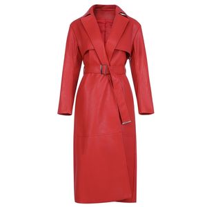 Red Trench Casaco Primavera Mulheres Couro Longo Solto S Feminino Casaco Mulher Streetwear 210515