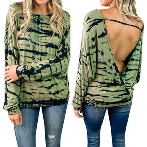 Sexy Backless Women T-Shirts Spring Autumn O-Neck Hollow Out Design Long Sleeve Print Tshirts Ladies Casual Loose Pullovers Tops 210412