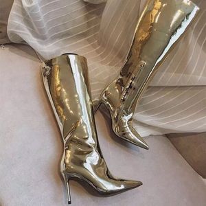 Patent Leather Sheepskin Stiletto Lady High Heels Knight Boots Pleated Zipper Women Kne Long Booties Pille Toe Wedding Shoes Big Size 34-48 5