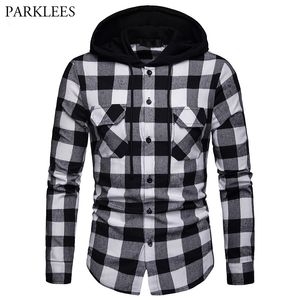 Schwarz Weiß Plaid Kapuzenhemd Männer Slim Fit Langarm Männer Hoodie Shirt Hipster Streetwear Hemden mit Doppeltaschen 210522