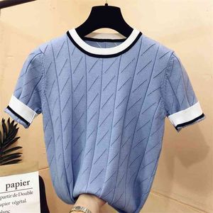 Sommer Ankunft Kurzarm Oansatz Patchwork Pullover Frauen frische süße lose gestrickte Pullover Modis Tops 210918