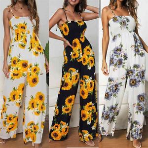 Female Product Sunflower Print Tie Jumpsuit Sexy Off Shoulder Sleeveless Holiday Style Rompers Women Backless Overalls 210517