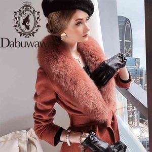 Dabuwawa Elegancka Solidna Kobiety Prawdziwe Owce Wełniane Futro Futro Collar V-Neck Belt Long Coat Jacket Kobieta Soft Winter DT1DLN027 210520