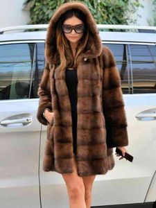 Real Mink Fur Coat With Hood Pelt Natural Long Thick Warm Winter Women Genuine Outer Clothing 211207