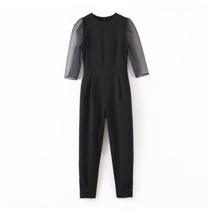 Mulheres elegante escritório desgaste jumpsuits de retalhos moda o pescoço transparente manga volta zíper feminino playsuits mujer 210430