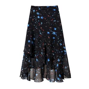 Black Casual Chiffon Star Print Knee-length Empire Elastic Waist Skirt Asymmetrical Ruffle S0263 210514