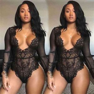 Arrival Autumn Women Sexy Deep V-neck Bodycon Romper Transparent Mesh Long Sleeve Jumpsuit See Through Lace Sheer Bodysuits 210517