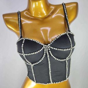 Rhinestone Top With Built In Bra Push Up Bralette Sleeveless Top Women Bustier Crop Off Shoulder Sexy Nightclub Camis 2021 p34 X0726