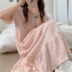 Summer Print Pink Long Sleepsdress Pigiama floreale Girocollo Donna Casual Loose Sweet Homewear Cotton 210525