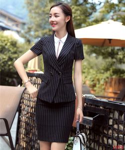 Damenanzüge Blazer Sommer Formal Schwarz Gestreifter Blazer Frauen Rock Kurzarm Jacke Arbeitskleidung Sets Damen Büro Uniform Styles