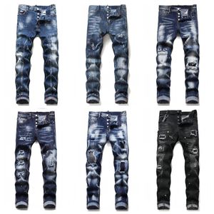 Jeans Cool Rips Stretch Designer Jeans Distressed Ripped Biker Slim Fit Washed Motorcycle Denim Calça Masculina Hip Hop Moda Homem T1019