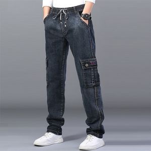 Jeans a vita alta da uomo Pantaloni dritti di grandi dimensioni Dinem Jeans neri maschili Pantaloni cargo con fascia elastica allentata blu multitasche laterali 211104