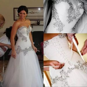 Luxury Mermaid Wedding Dress Vintage Sweetheart Bling Crystals Sequins Beads Bridal Gowns Tulle Lace-Up Back Sweep Train Plus Size Bride Dresses