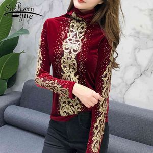 Velvet Diamonds Leopard Turtleneck Plus Storlek Kvinnor Toppar Koreanska Mode Kläder BlackLong Sleeve Top Shirts 7853 50 210521