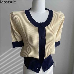 Summer Knitted Korean Cardigan Tops Women Color-blocked Single Breasted O-neck Sweater Vintage Fashion Elegant Ladies Knitwear 210513
