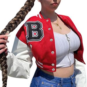 Kobiety Crop Bomber Jacket Slim Bardzo duży przycisk Varsity Down Baseball Płaszcz Dorywczo Patchwork Znosić Vintage Streetwear