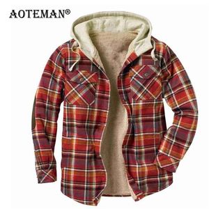Vinter Plaid Jacket Men Fleece Coat Windbreaker Hooded Warm Parkas Utomhus Outwear Overcoats Kläder Mode LM9 220301