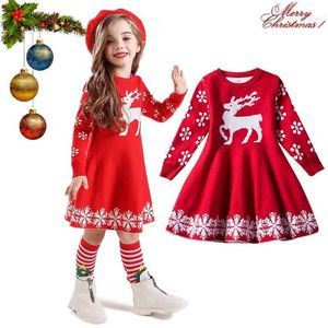 Girls Winter Dress for Christmas Sweater Knitted Full Sleeve Children Dresses Xmas Girl Party Clothes Elk Kids Princess Costume G1026