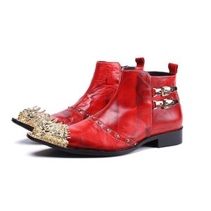 Erkekler Çizmeler Kırmızı Gelinlik Altın Metal Kafa Örgün Adam Ayak Bileği Çizmeler İş Ayakkabıları Kış Zarif Slip-On Zip Punk Botas