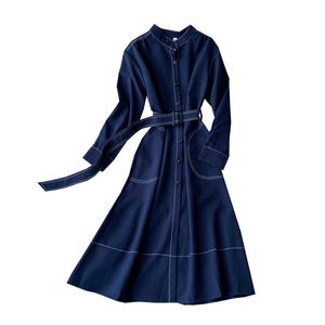 Sólida sólida vestido com v vestido mulheres manga comprida plissado elegante faixas senhoras es windbreaker saia d3001 210514