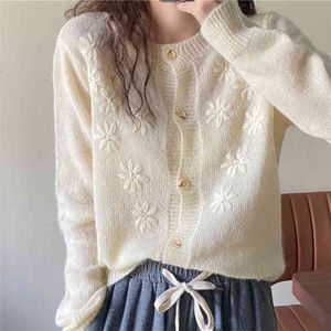 Koreanska kvinnor kläder handgjorda blomma broderi cardigan mjuk mohair tröja söta vintage stickade cardigans kappa tröjor 210514