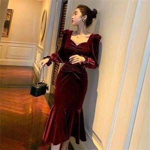 vintage wine red gold velvet dress autumn and winter high-end temperament French waist thin 210416