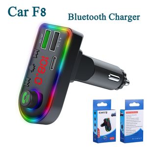 F8 Car Clargers BT5.0 FM Transmissor Atmosfera Lightr Kit Mp3 Modulator MP3 Sem Fio Handsfree Receptor de Áudio RGB Cor com caixa