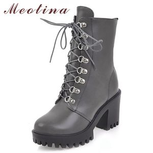 Buty zimowe Kostki Kobiety Lace Up Platform Gruby Obcas Krótki PU Skórzane Super Wysokie Buty Dama Jesień Rozmiar 33-43 210517