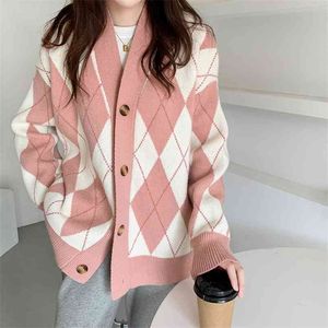 Stickad tröja cardigan kvinna kappa diamant hoppare långärmad topp kvinnlig lös rosa svart argyle kvinnor antumn 210914