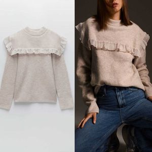 Za Organza Knit Ribbed Sweater Women Chic Long Sleeve O Neck Pullover Female Ruffle Applique Splicing Knitted Top Sweaters 210602
