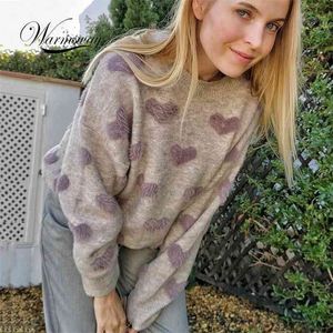 Hjärtmönster Sticka Pullover Oversized Sweater Kvinnor Jumper Vinter Mjuk Varm Söt Långärmad Fluffy Knitwear Kvinna C-030 210522