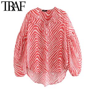 TRAF Женщины шикарные моды полосатые свободные нерегулярные блузки старинные завязанные V шеи с длинным рукавом женские рубашки Blusas Chic Tops 210415