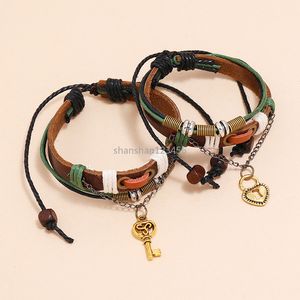 Cuore Chiave Blocco Coppia Bracciale Stringa regolabile Multistrato Avvolgere Bracciali in pelle Polsino Bracciale rigido Donna Uomo ama Set di gioielli di moda Will e Sandy